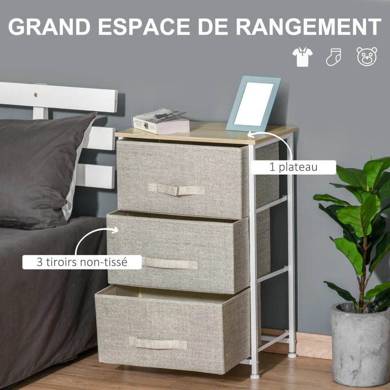 HOMCOM Meuble de rangement chiffonnier moderne 3 tiroirs en tissu, cadre en acier et MDF, 45 x 30 x 71 cm, gris