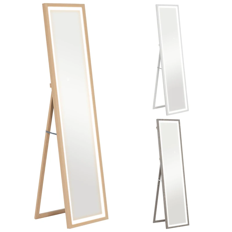 HOMCOM Espejo de Cuerpo Entero con Luz LED 160x40 cm con Iluminación de 3 Colores Táctil Inteligente Función de Memoria Roble