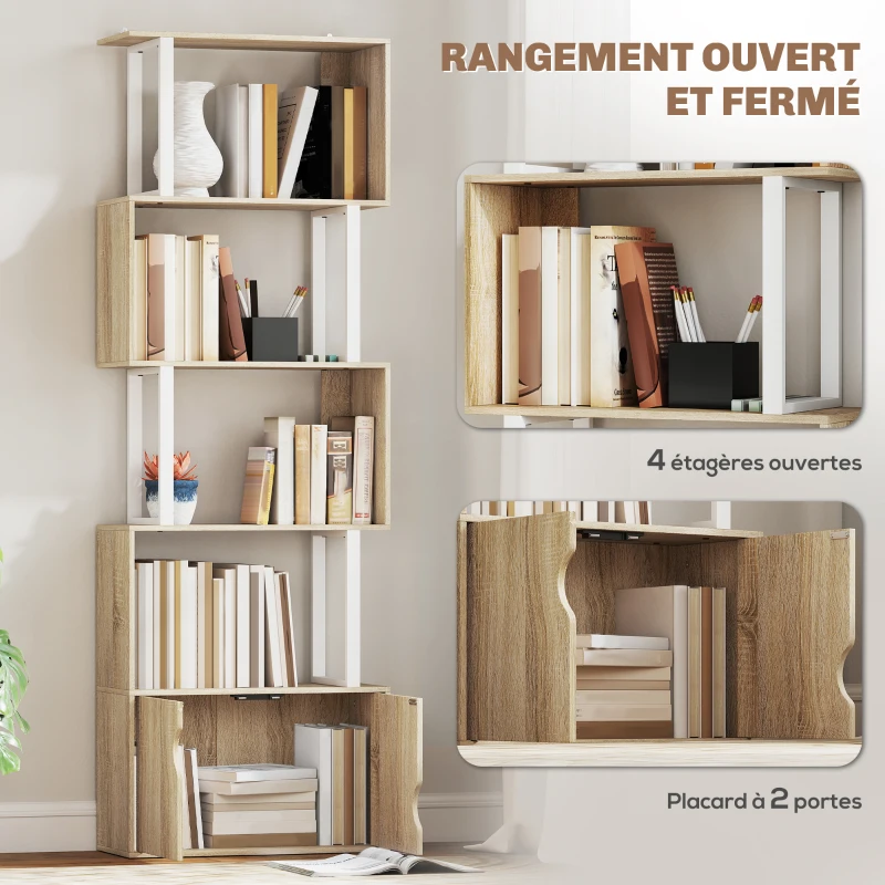 HOMCOM Bibliothèque à 5 niveaux, meuble de rangement avec étagères et placard double porte, 60 x 23,8 x 179,2 cm, bois naturel
