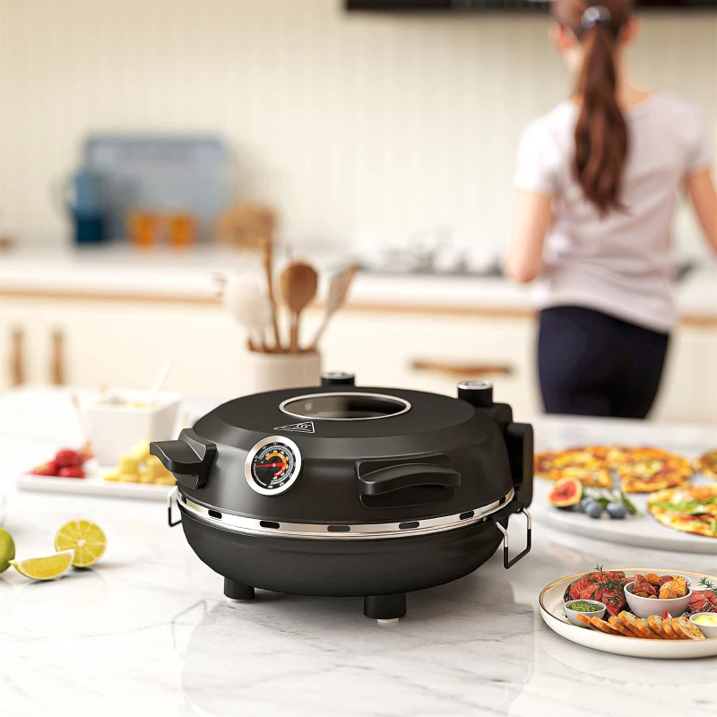 HOMCOM Elektrische Pizzaoven 430 ℃, 1200 Watt Pizzabakker met 30 cm Steenplaat, Timer, Zichtvenster, Roestvrij staal Zwart(m-9)