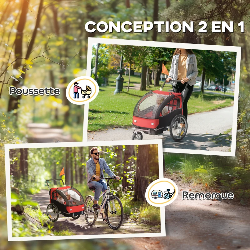 HOMCOM Remorque vélo enfant 2 en 1 avec ceinture de sécurité 5 points, réflecteurs, drapeau et rideau coupe-vent, rouge