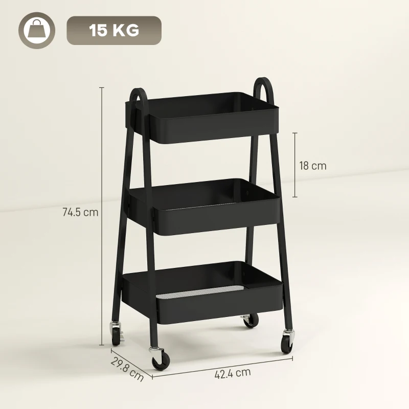 HOMCOM Serveerwagen met 3 Lagen, Keukenwagen Met Wielen, Handvat en Rem voor Keuken, Kantoor, Badkamer, Zwart