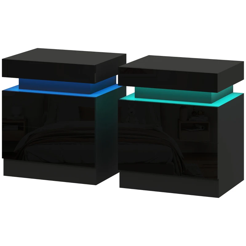 HOMCOM High Gloss Front Bedside Tables Set of 2, Nightstands with RGB LED Light and 2 Drawers, Chest of Drawers for Bedroom, Living Room, Black