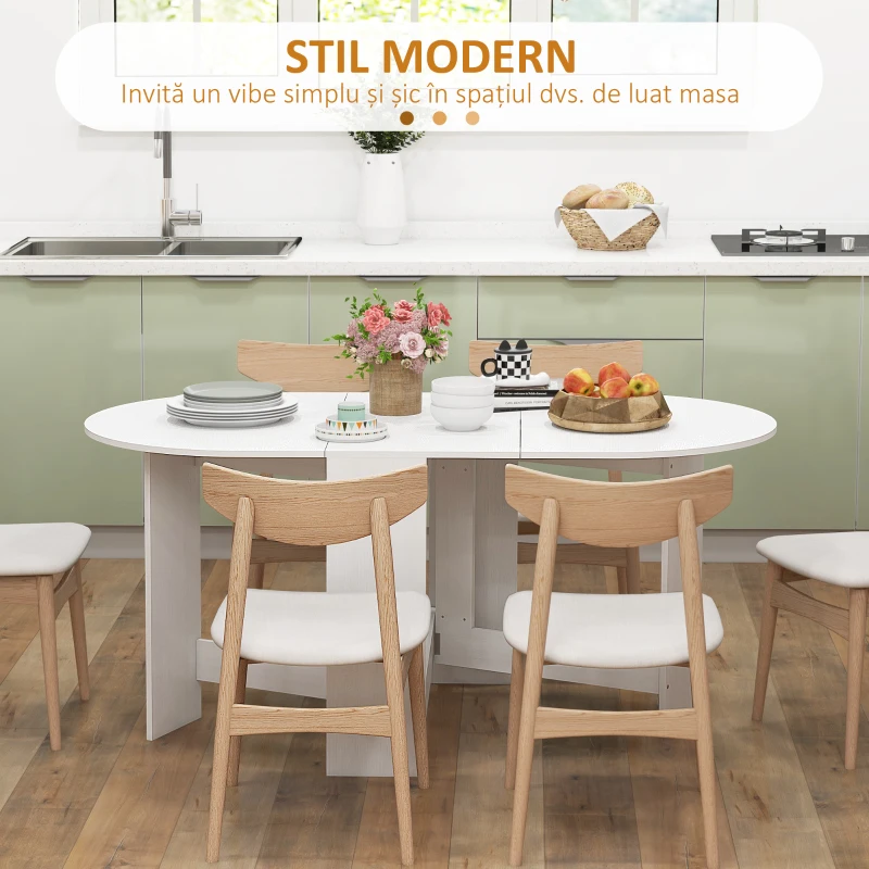 HOMCOM Masă Pliabilă pentru 6 Persoane cu 2 Extensii Ovale din Lemn, 163x80x75 cm, Alb