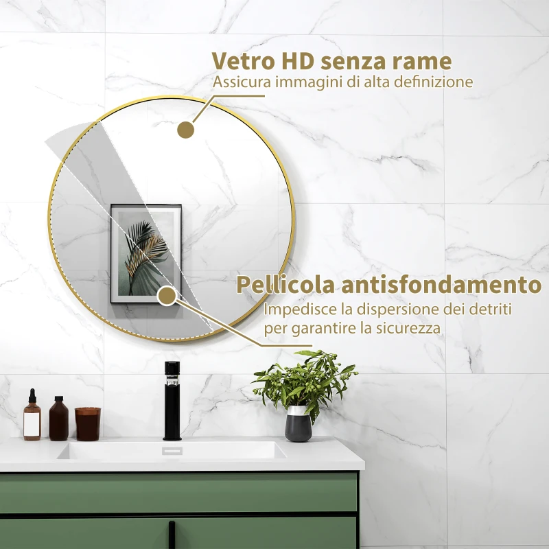 HOMCOM Specchio Rotondo da Bagno con Superficie Antiurto, in Vetro e Acciaio, Ø70x2.5 cm, color Oro