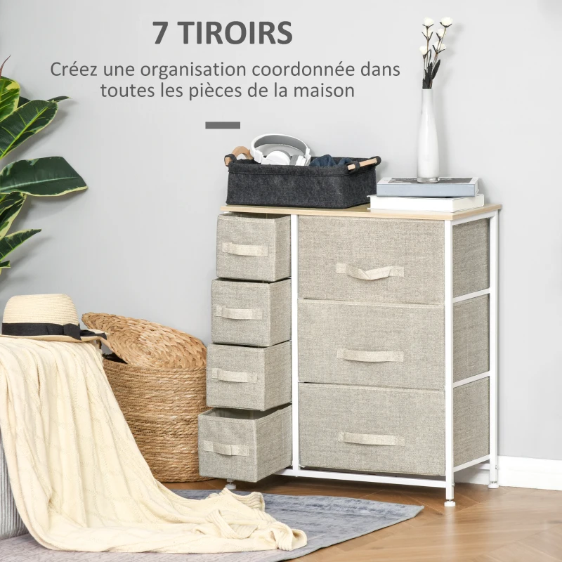 HOMCOM Commode 7 tiroirs en tissu, chiffonnier, meuble de rangement moderne, cadre en acier, 63,5 x 30 x 71 cm, gris