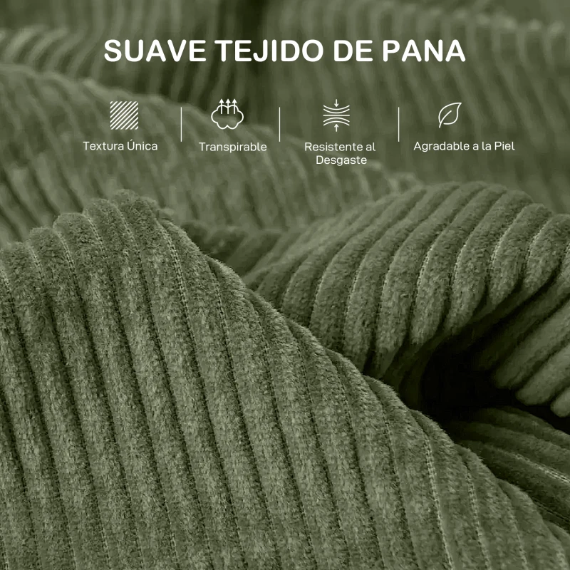 HOMCOM Sofá de 3 Plazas Tapizado en Pana con 2 Almohadas Reposabrazos y Cojín de Muelles 212x80x88 cm Verde