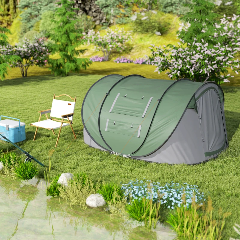 Outsunny Tenda da Campeggio Pop Up 2 Posti con 2 Porte, 4 Finestre e Telo Impermeabile, 263.5x220x123 cm, Verde Scuro
