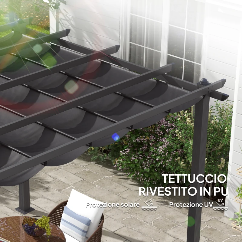 Outsunny Pergola Gazebo 3x3 m con 8 Fori di Drenaggio, in Alluminio, Metallo e Poliestere, Grigio Scuro