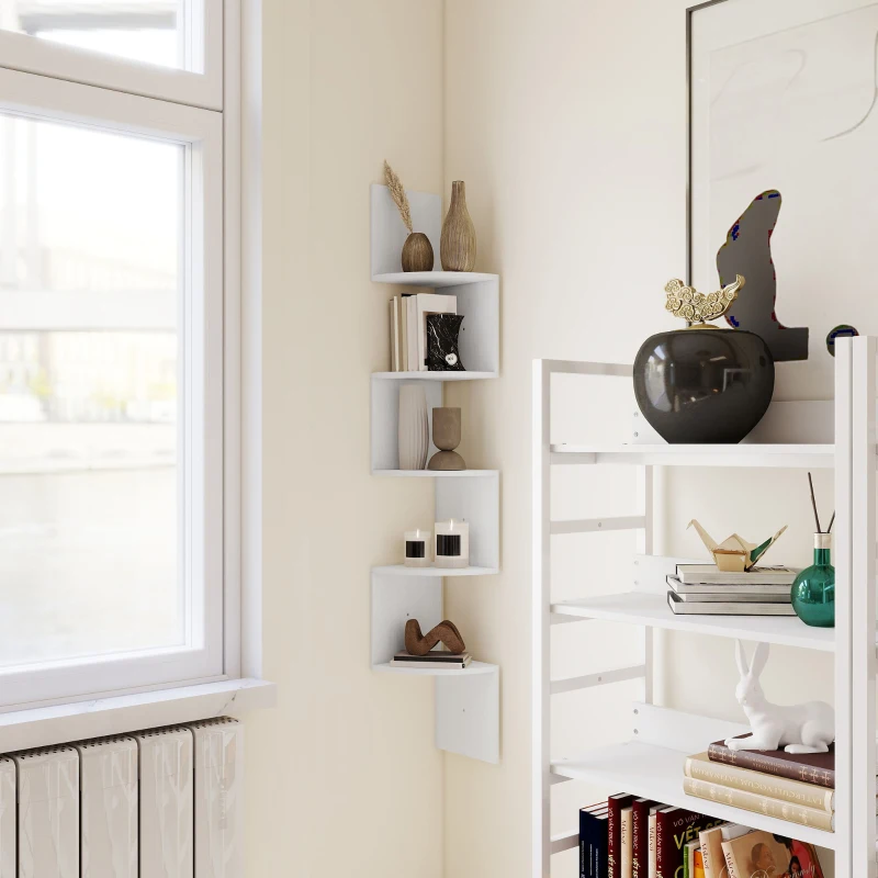 HOMCOM Étagère d'angle Murale de Rangement Forme Zigzag 20L x 20l x 126H cm 5 Niveaux Bois Blanche