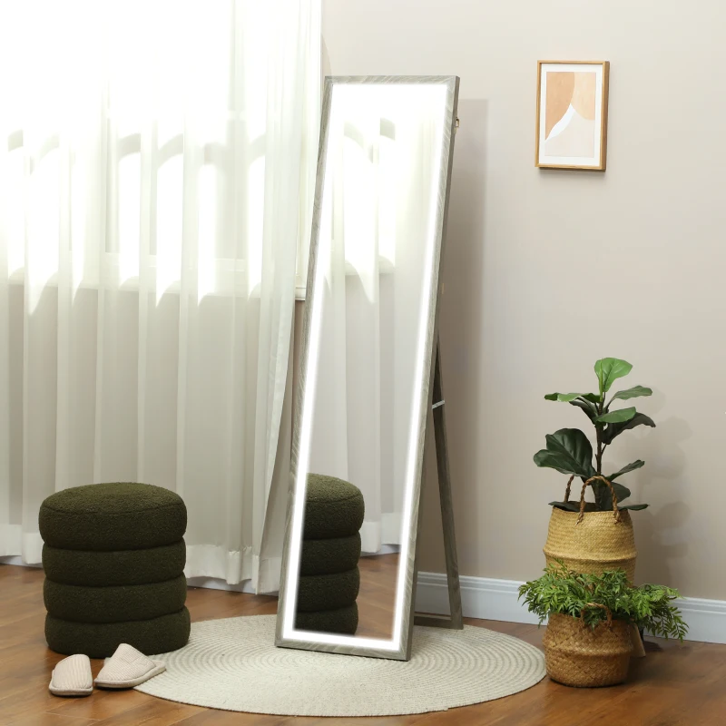 HOMCOM Grand miroir pleine longueur, miroir mural ou sur pied rectangulaire, 40 x 160 cm avec éclairage LED 3 couleurs, gris