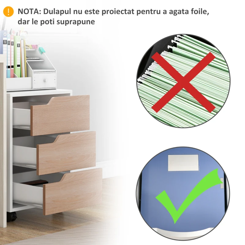 Homcom Comoda Birou – 3 Sertare, Roti, Alb si Lemn