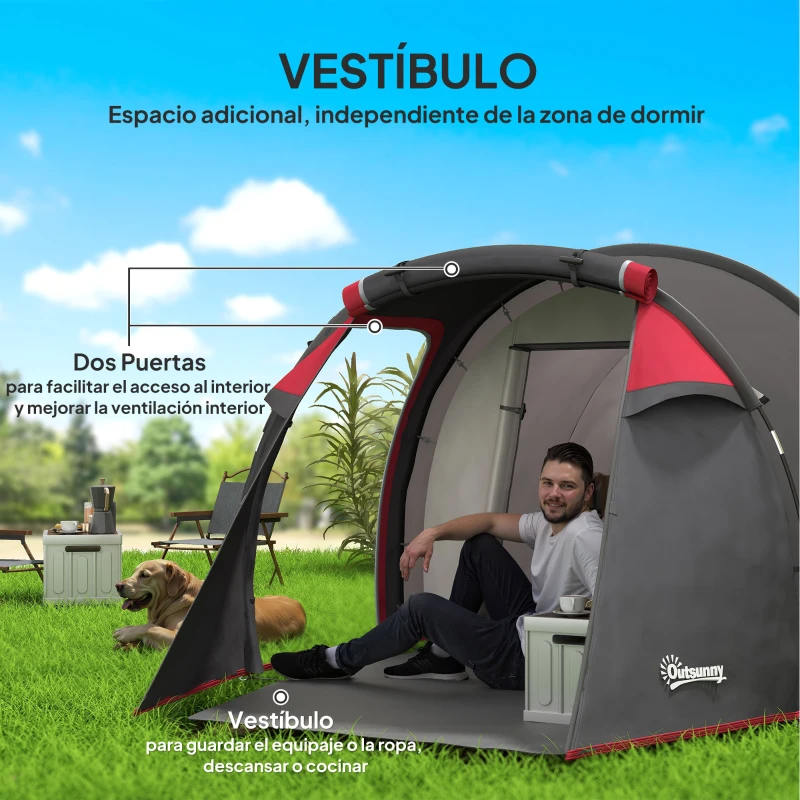 Outsunny Tienda de Campaña Familiar 2-3 Personas Plegable Impermeable a Prueba de UV 20+ con Vestíbulo 426x206x154 cm Gris Oscuro
