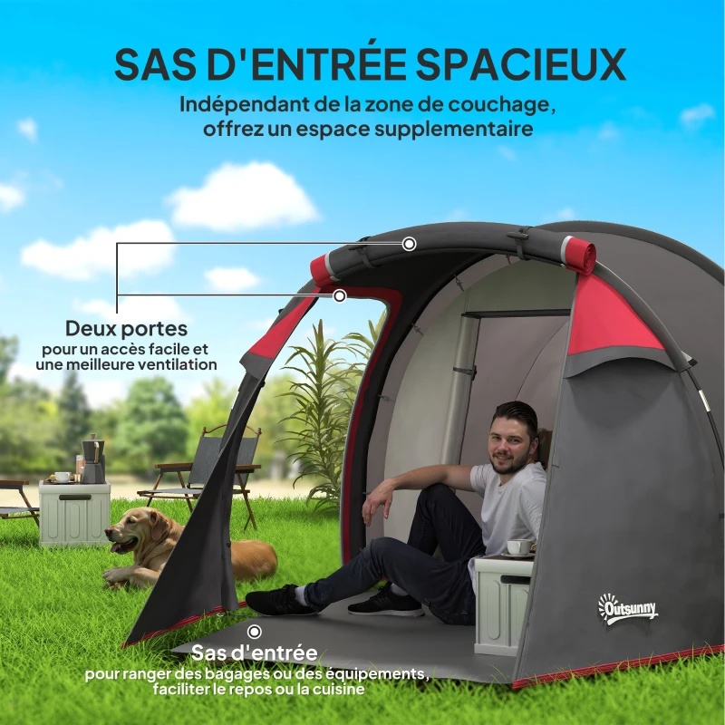 Outsunny Tente de camping familiale 2-3 personnes tente tunnel étanche légère ventilée facile à monter chambre salon 3 portes fenêtres 4,26 x 2,06 x 1,54 m fibre verre polyester PE girs foncé rose