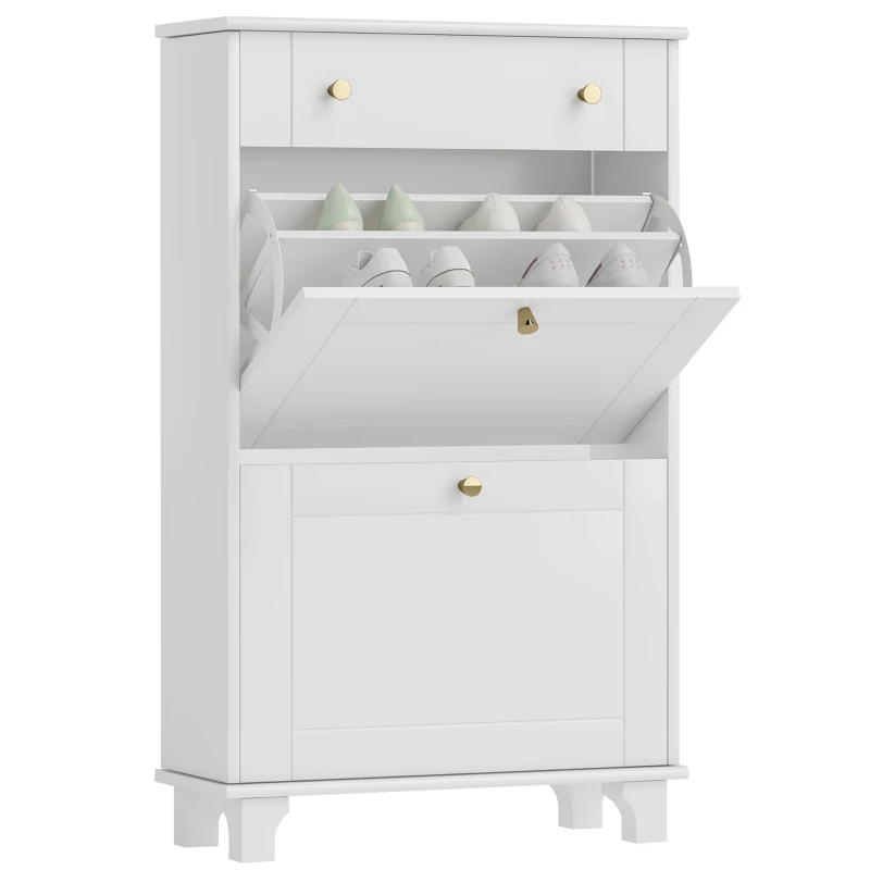 HOMCOM Mueble Zapatero Blanco Zapatero Estrecho con 2 Puertas Abatibles y 1 Cajón para 8 Pares de Zapatos 60x23,5x98,5 cm