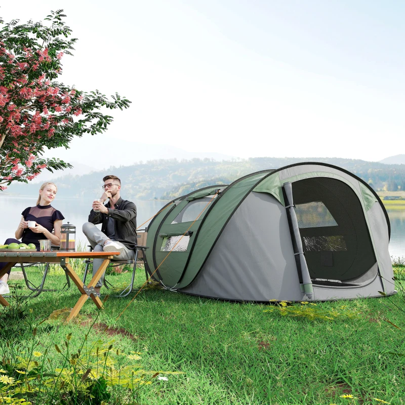 Outsunny Tenda da Campeggio Pop Up 2 Posti con 2 Porte, 4 Finestre e Telo Impermeabile, 263.5x220x123 cm, Verde Scuro