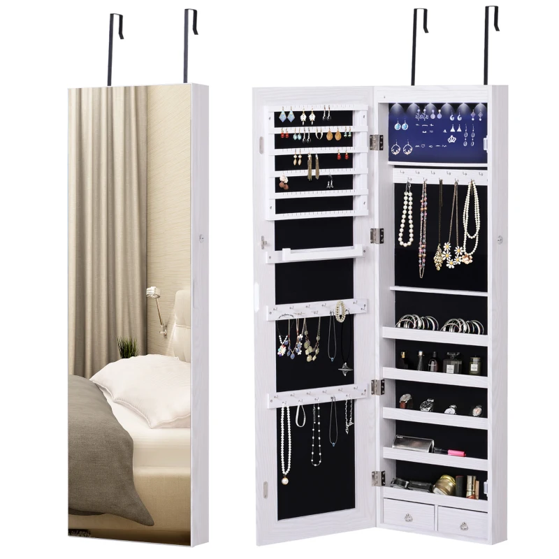 HOMCOM Specchiera Portagioielli con 6 Luci LED e Spazi Portaoggetti in Legno e Vetro, 37x120x10 cm, color Legno Bianco