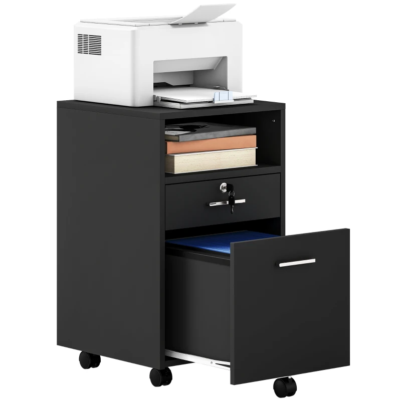 Vinsetto Cassettiera da Ufficio Portadocumenti in Legno con 2 Cassetti e Ripiano Aperto, 39x40x65 cm, Nero