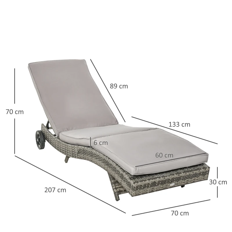 Outsunny Espreguiçadeira de Vime Reclinável Espreguiçadeira de Jardim com 2 Rodas Encosto Ajustável em 5 Posições 207x70x70 cm Cinza