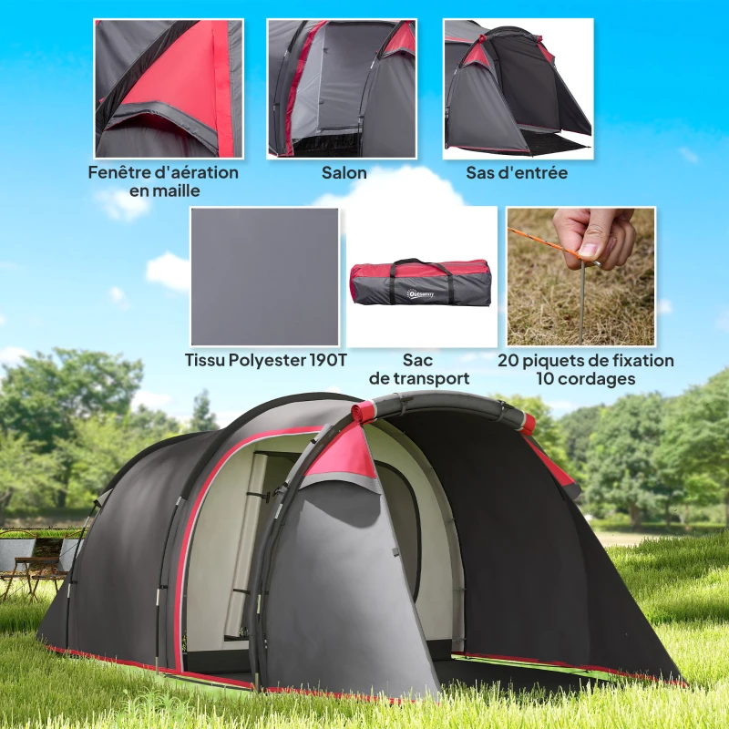 Outsunny Tente de camping familiale 2-3 personnes tente tunnel étanche légère ventilée facile à monter chambre salon 3 portes fenêtres 4,26 x 2,06 x 1,54 m fibre verre polyester PE girs foncé rose