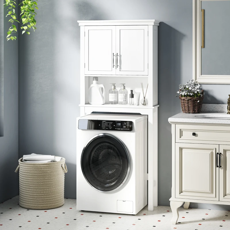 kleankin Meuble WC dessus de toilette avec placard à porte double, étagère réglable et niche, dim. 71 x 20,5 x 165 cm, blanc