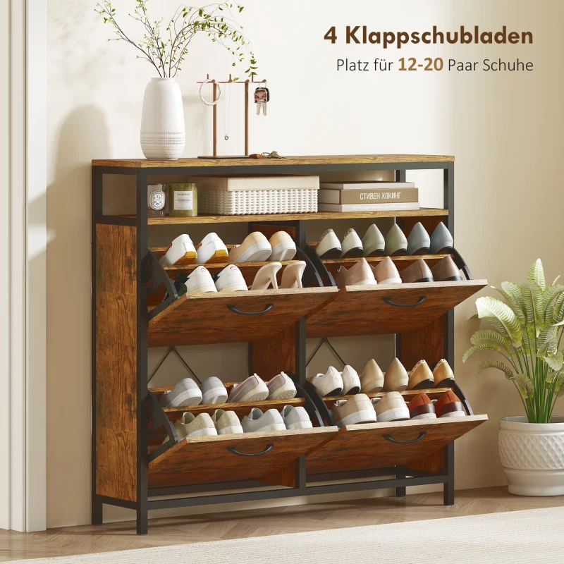 HOMCOM Schoenenkast met 4 klapladen, smal ontwerp, open vak, voor 12-20 paar schoenen, staal, bruin(m-4)