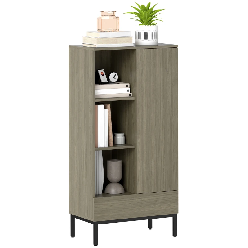HOMCOM Aparador para Salón Moderno con Puerta Cajón Estante Ajustable y 3 Compartimentos Abiertos 60x34x121 cm Natural