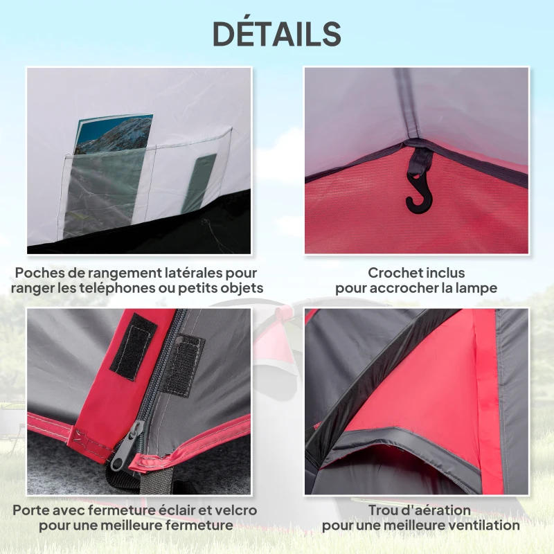 Outsunny Tente de camping familiale 2-3 personnes tente tunnel étanche légère ventilée facile à monter chambre salon 3 portes fenêtres 4,26 x 2,06 x 1,54 m fibre verre polyester PE girs foncé rose