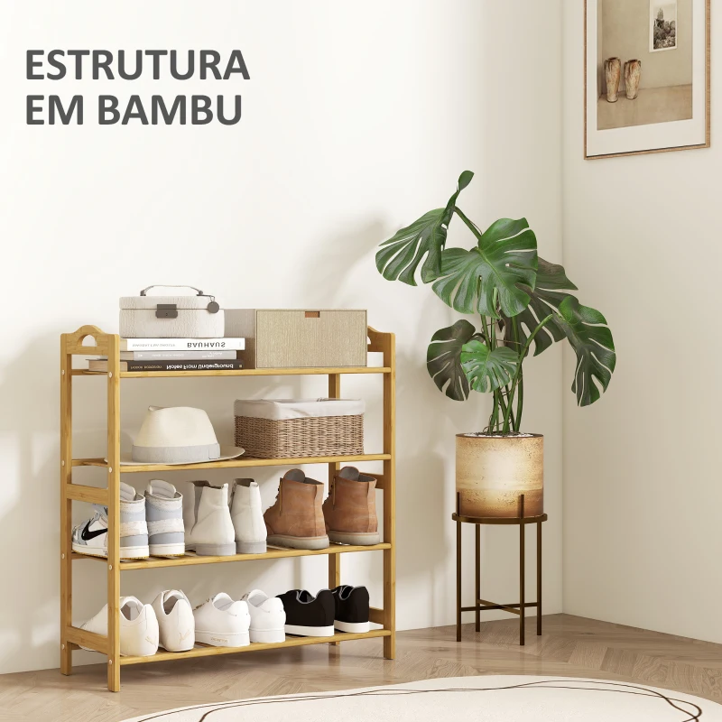 HOMCOM Sapateira de 4 Níveis Estante para Sapatos em Bambu para 12 Pares de Sapatos 67,5x24,7x72 cm Madeira