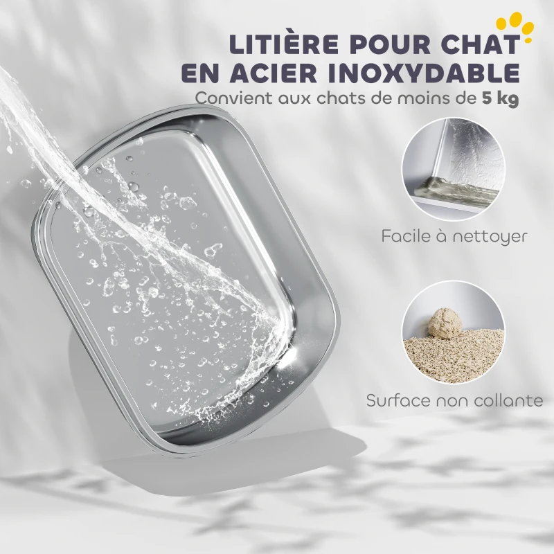 PawHut Maison de toilette pour chat bac à litière fermé bac acier inoxydable, nettoyage facile, 52,4 x 41,3 x 39,9 cm, blanc