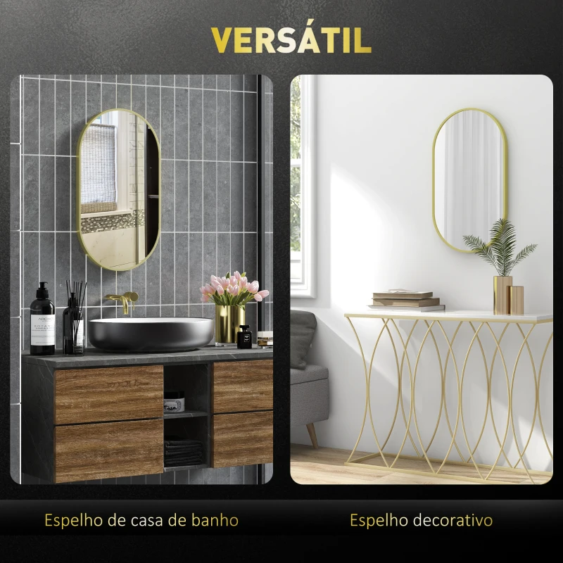 HOMCOM Espelho Casa de Banho Oval 40x3x70 cm Espelho Decorativo de Parede com Estrutura de Liga de Alumínio Horizontal ou Vertical Dourado