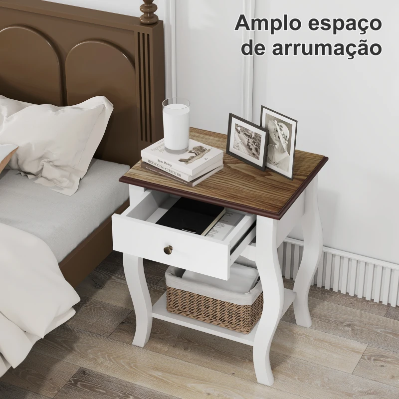 HOMCOM Conjunto de 2 Mesas de Cabeceira com Gaveta Estante Aberto e Bancada Efeito Carvalho Estilo Francês 45x35x55 cm Branco e Carvalho