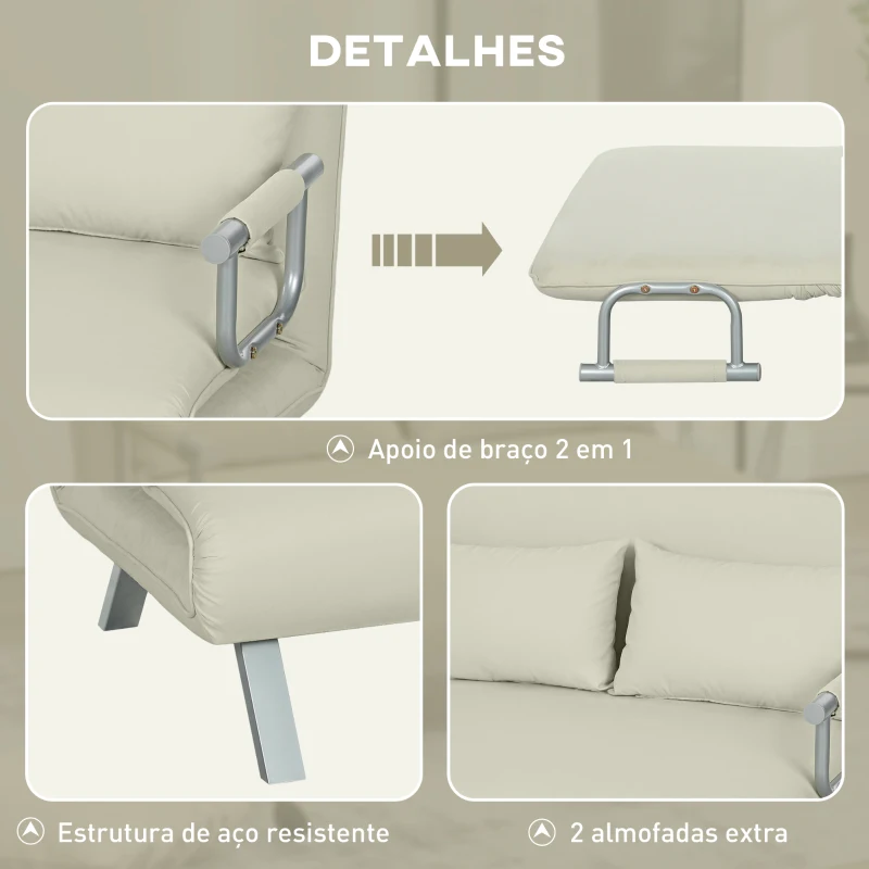 HOMCOM Sofá Cama de 2 Lugares Estofado em Camurça Sintética com Encosto Ajustável em 5 Níveis e 2 Almofadas 111x80x78 cm Bege