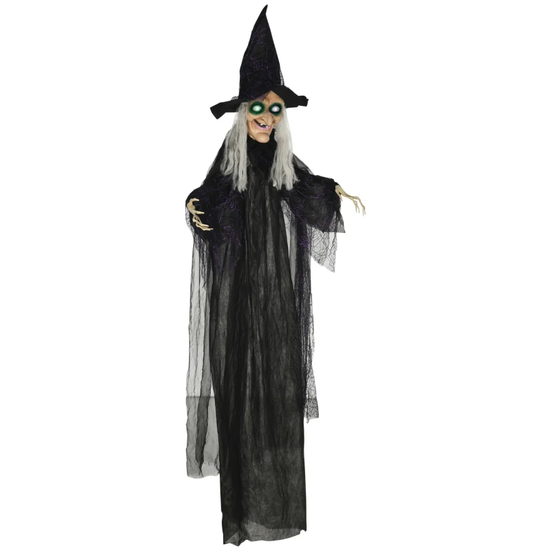 HOMCOM 6ft Outdoor Halloween Decoration Witch, Hanging Witch Prop Life Size with Sound and Motion Activated, Light Up Eyes, Talking Sound, Posable Arms