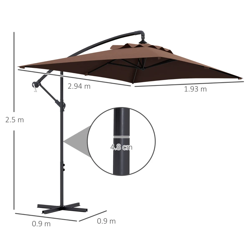 Outsunny 3m Square Canopy Cantilever Parasol, with Cross Base - Brown