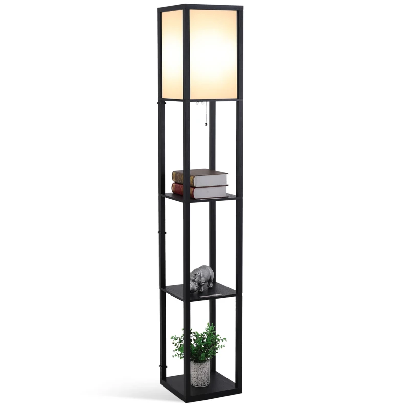 HOMCOM Floor Lamp with Shelves and Top Light, Modern Corner Standing Lamp with TC Fabric Lampshade for Living Room, Bedroom, Bulb not Included, Black