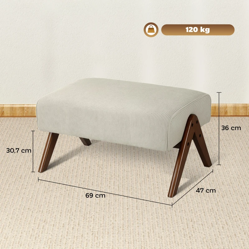 HOMCOM Apoio para Pés Estofado em Veludo Otomana Retangular com Assento Almofadado e Pés de Madeira 69x47x36 cm Bege