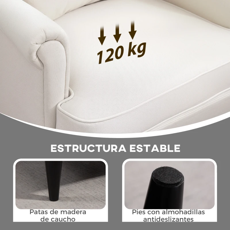 HOMCOM Sillón con Reposapiés Respaldo Alto Capitoné Patas de Madera Almohada Acolchada y Tapizado en Lino Beige