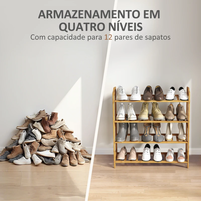HOMCOM Sapateira de 4 Níveis Estante para Sapatos em Bambu para 12 Pares de Sapatos 67,5x24,7x72 cm Madeira