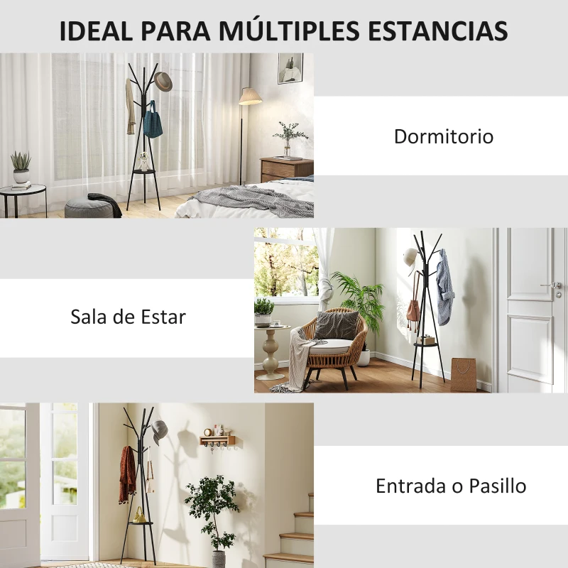 HOMCOM Perchero de Pie Forma de Árbol Perchero para Ropa de Metal con 9 Ganchos y Estante Perchero Vintage 45x45x180 cm Negro
