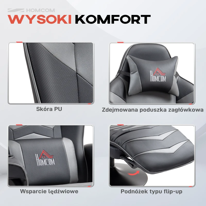 HOMCOM Fotel do gier z funkcją masażu, regulowane oparcie, podnóżek, do 120 kg, konstrukcja stalowa, Skóra Ekologiczna, Szary(m-6)
