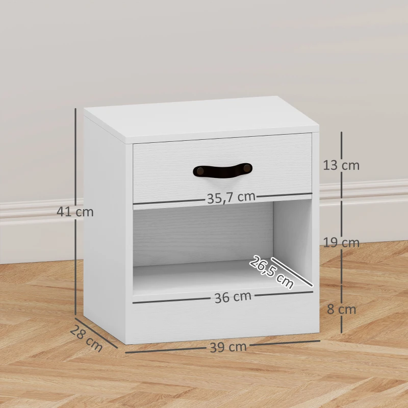 HOMCOM Conjunto de 2 Mesas de Cabeceira para Dormitório Estreitas com Gaveta e Compartimento Aberto 39x28x41 cm Branco