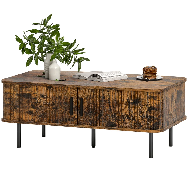 HOMCOM Coffee Table with Storage, Living Room Table with Slatted Tambour Sliding Doors and Foot Pads, Rectangular Coffee Table with Elevated Base for Living Room, Rustic Brown