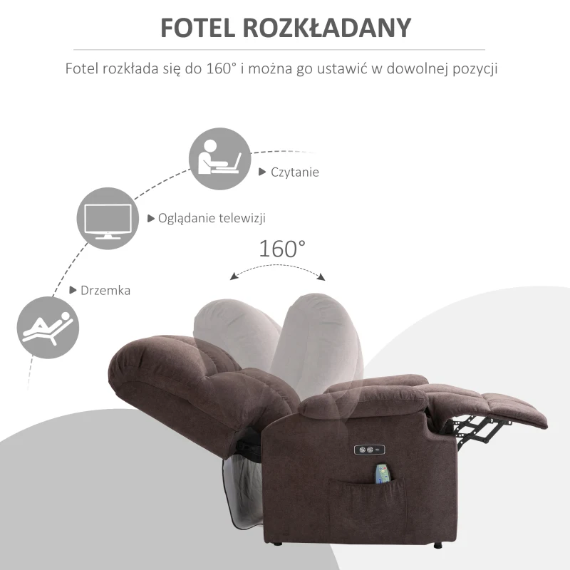HOMCOM fotel do masażu z funkcją pomocy przy wstawaniu fotel relaksacyjny z funkcją ogrzewania regulowany kąt nachylenia USB pilot plusz krótkowłosy brązowy 94 x 96 x 104 cm