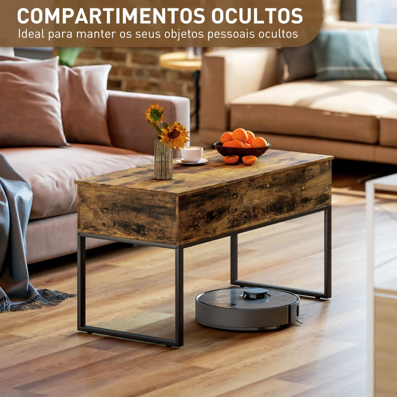 HOMCOM Mesa de Centro Elevatória com Bancada Deslizante Fecho Suave e Espaço Oculto de Arrumação 100x45x67 cm Castanho Rústico