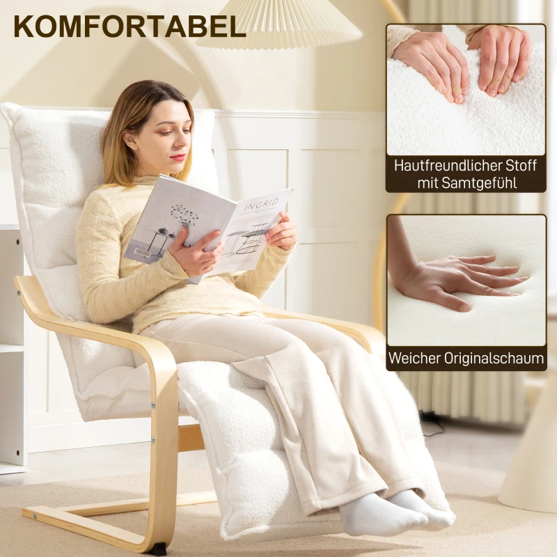 HOMCOM Lounge-Sessel aus Birkenholz, Polstersessel, verstellbare Fußstütze, Weiß(m-4)