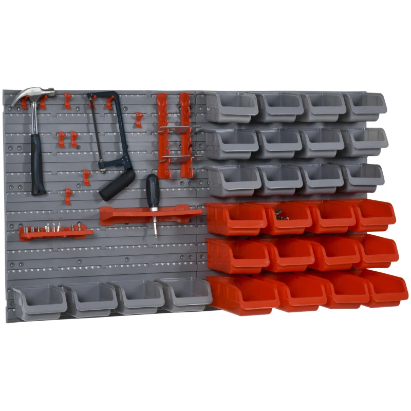 DURHAND Estantería de Pared para Herramientas de 44 Piezas 95x54 cm con 28 Cajas Apilables y Diferentes Ganchos Gris y Rojo
