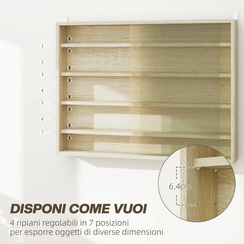 HOMCOM Bacheca Portaoggetti a 5 Ripiani Regolabili in Legno con Ante in Vetro, 80x9.5x60 cm, Color Legno