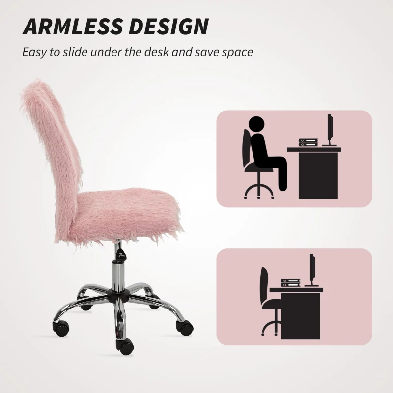 HOMCOM Plush Office Desk Chair, Modern Armless Swivel Vanity Chair with Adjustable Height for Home Office, Bedroom, Living Room, Pink