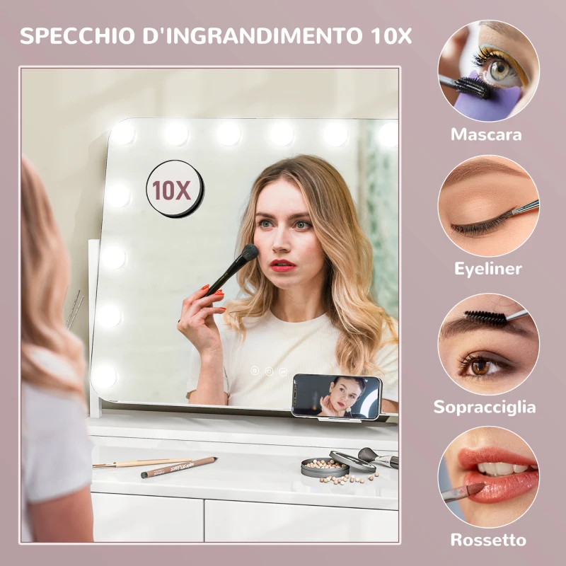 HOMCOM Specchio da Trucco con 14 Luci LED Regolabili e Ricarica USB, in Vetro e Metallo, 62.5x14x49.5 cm, Bianco
